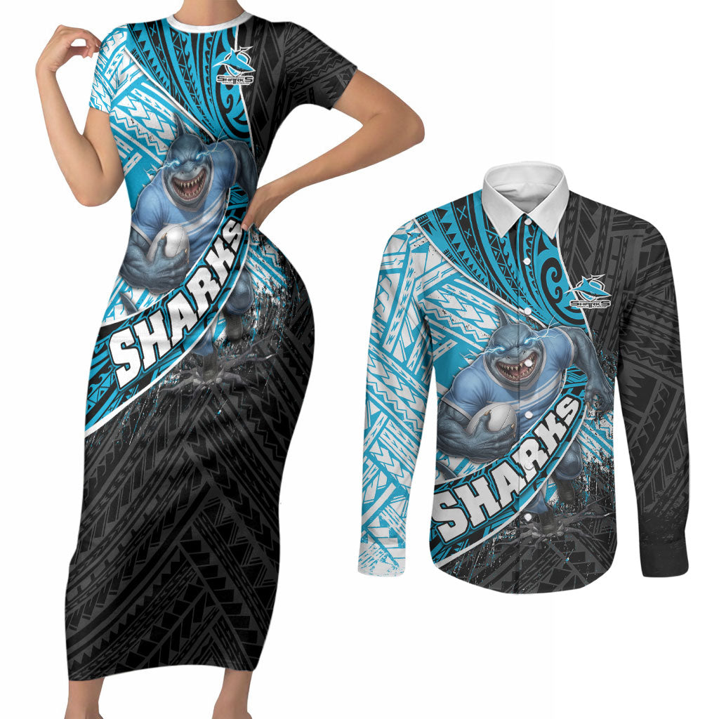 Cronulla Sutherland Sharks Rugby Couples Matching Short Sleeve Bodycon Dress and Long Sleeve Button Shirt Tribal Polynesian Power Art - Lightning Mascot