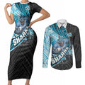 Cronulla Sutherland Sharks Rugby Couples Matching Short Sleeve Bodycon Dress and Long Sleeve Button Shirt Tribal Polynesian Power Art - Lightning Mascot