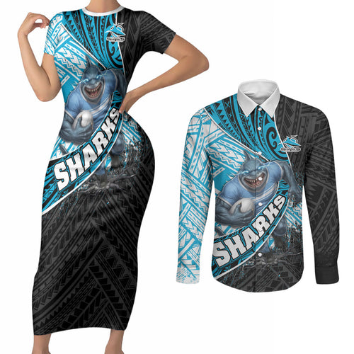 Cronulla Sutherland Sharks Rugby Couples Matching Short Sleeve Bodycon Dress and Long Sleeve Button Shirt Tribal Polynesian Power Art - Lightning Mascot