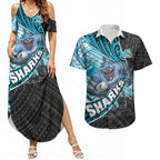 Cronulla Sutherland Sharks Rugby Couples Matching Summer Maxi Dress and Hawaiian Shirt Tribal Polynesian Power Art - Lightning Mascot