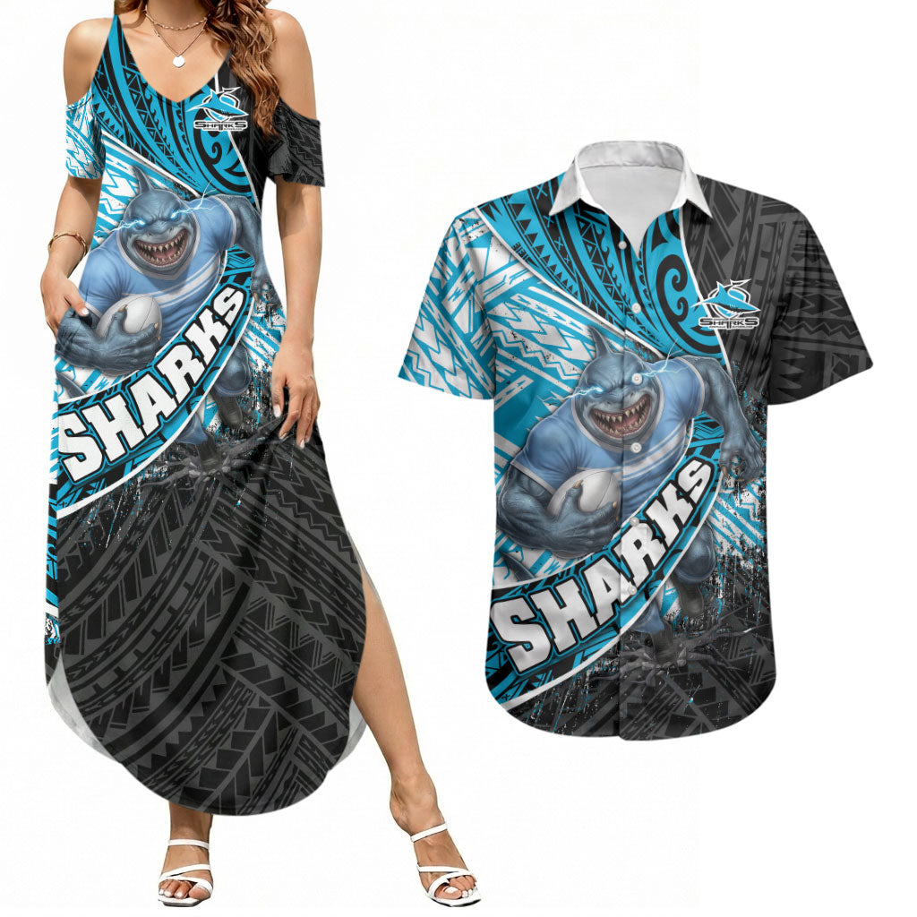 Cronulla Sutherland Sharks Rugby Couples Matching Summer Maxi Dress and Hawaiian Shirt Tribal Polynesian Power Art - Lightning Mascot