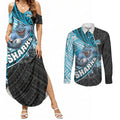 Cronulla Sutherland Sharks Rugby Couples Matching Summer Maxi Dress and Long Sleeve Button Shirt Tribal Polynesian Power Art - Lightning Mascot