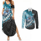 Cronulla Sutherland Sharks Rugby Couples Matching Summer Maxi Dress and Long Sleeve Button Shirt Tribal Polynesian Power Art - Lightning Mascot