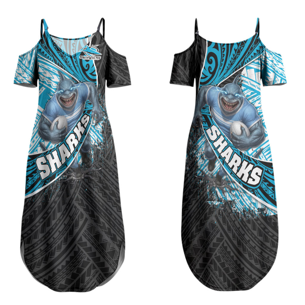 Cronulla Sutherland Sharks Rugby Couples Matching Summer Maxi Dress and Long Sleeve Button Shirt Tribal Polynesian Power Art - Lightning Mascot