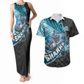 Cronulla Sutherland Sharks Rugby Couples Matching Tank Maxi Dress and Hawaiian Shirt Tribal Polynesian Power Art - Lightning Mascot