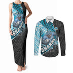 Cronulla Sutherland Sharks Rugby Couples Matching Tank Maxi Dress and Long Sleeve Button Shirt Tribal Polynesian Power Art - Lightning Mascot