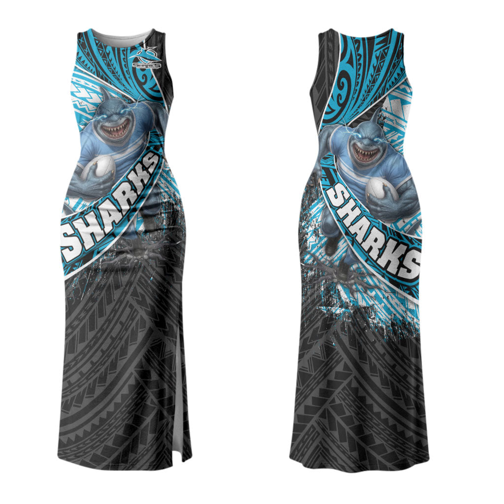 Cronulla Sutherland Sharks Rugby Couples Matching Tank Maxi Dress and Long Sleeve Button Shirt Tribal Polynesian Power Art - Lightning Mascot