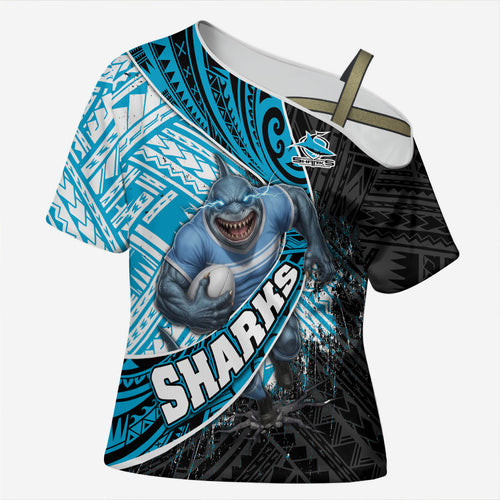 Cronulla Sutherland Sharks Rugby Cross Shoulder Shirt Tribal Polynesian Power Art - Lightning Mascot