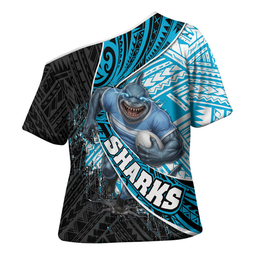 Cronulla Sutherland Sharks Rugby Cross Shoulder Shirt Tribal Polynesian Power Art - Lightning Mascot