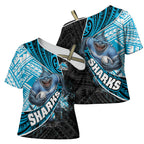 Cronulla Sutherland Sharks Rugby Cross Shoulder Shirt Tribal Polynesian Power Art - Lightning Mascot