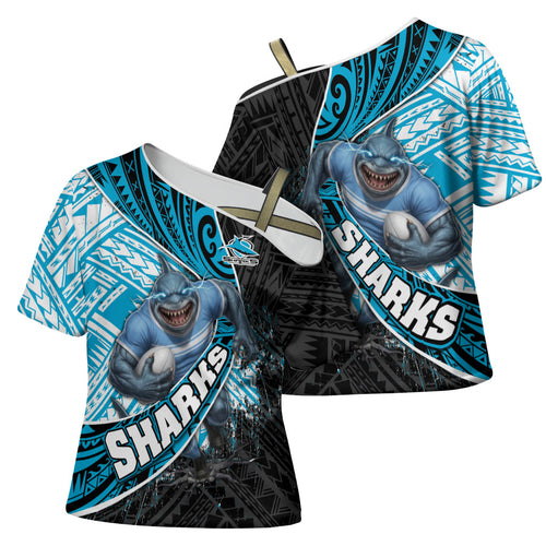 Cronulla Sutherland Sharks Rugby Cross Shoulder Shirt Tribal Polynesian Power Art - Lightning Mascot