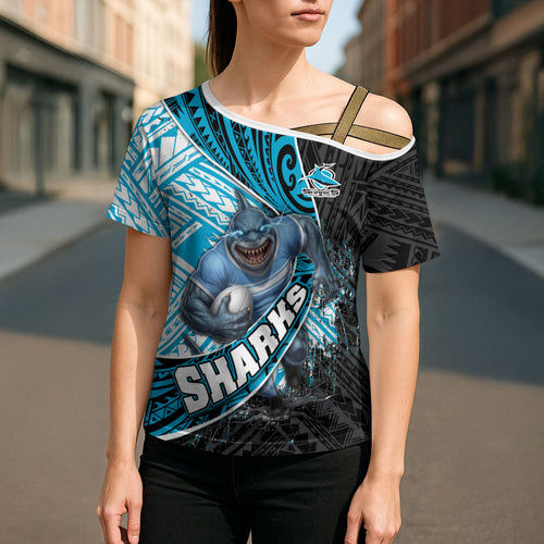 Cronulla Sutherland Sharks Rugby Cross Shoulder Shirt Tribal Polynesian Power Art - Lightning Mascot