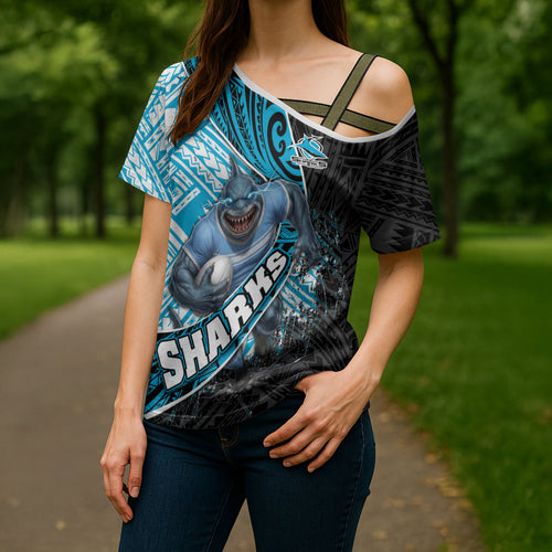 Cronulla Sutherland Sharks Rugby Cross Shoulder Shirt Tribal Polynesian Power Art - Lightning Mascot