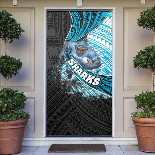 Cronulla Sutherland Sharks Rugby Door Cover Tribal Polynesian Power Art - Lightning Mascot