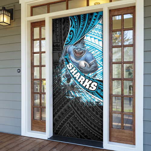 Cronulla Sutherland Sharks Rugby Door Cover Tribal Polynesian Power Art - Lightning Mascot