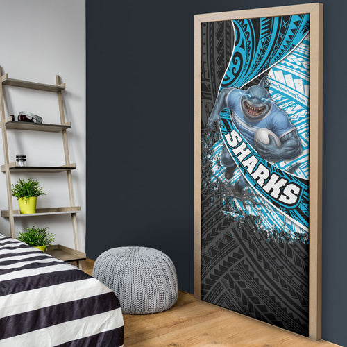 Cronulla Sutherland Sharks Rugby Door Cover Tribal Polynesian Power Art - Lightning Mascot