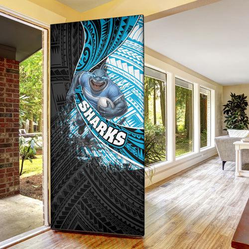 Cronulla Sutherland Sharks Rugby Door Cover Tribal Polynesian Power Art - Lightning Mascot