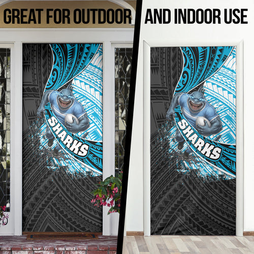Cronulla Sutherland Sharks Rugby Door Cover Tribal Polynesian Power Art - Lightning Mascot