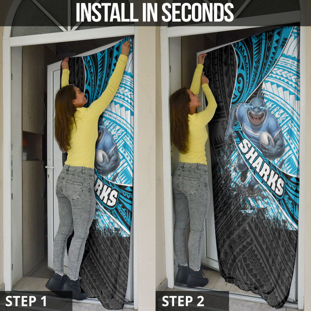 Cronulla Sutherland Sharks Rugby Door Cover Tribal Polynesian Power Art - Lightning Mascot
