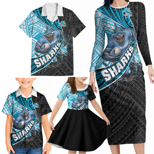 Cronulla Sutherland Sharks Rugby Family Matching Long Sleeve Bodycon Dress and Hawaiian Shirt Tribal Polynesian Power Art - Lightning Mascot