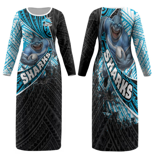 Cronulla Sutherland Sharks Rugby Family Matching Long Sleeve Bodycon Dress and Hawaiian Shirt Tribal Polynesian Power Art - Lightning Mascot