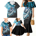 Cronulla Sutherland Sharks Rugby Family Matching Mermaid Dress and Hawaiian Shirt Tribal Polynesian Power Art - Lightning Mascot