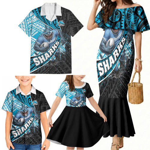 Cronulla Sutherland Sharks Rugby Family Matching Mermaid Dress and Hawaiian Shirt Tribal Polynesian Power Art - Lightning Mascot
