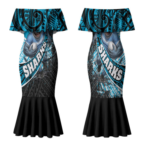 Cronulla Sutherland Sharks Rugby Family Matching Mermaid Dress and Hawaiian Shirt Tribal Polynesian Power Art - Lightning Mascot