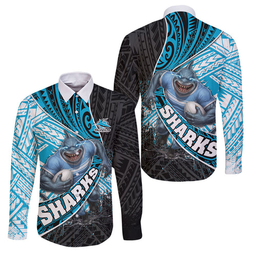 Cronulla Sutherland Sharks Rugby Family Matching Mermaid Dress and Hawaiian Shirt Tribal Polynesian Power Art - Lightning Mascot