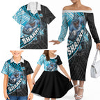 Cronulla Sutherland Sharks Rugby Family Matching Off The Shoulder Long Sleeve Dress and Hawaiian Shirt Tribal Polynesian Power Art - Lightning Mascot