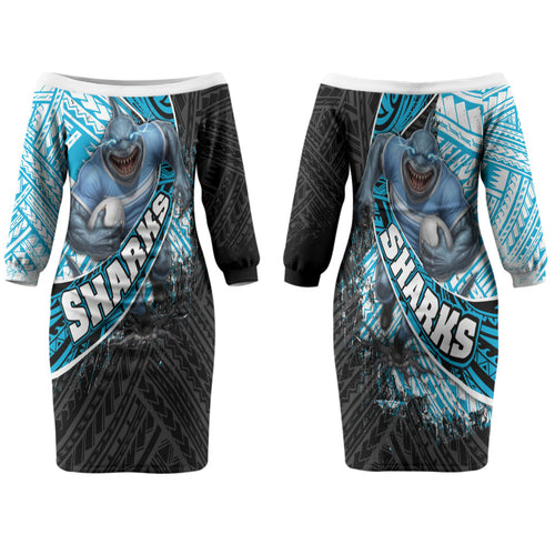 Cronulla Sutherland Sharks Rugby Family Matching Off The Shoulder Long Sleeve Dress and Hawaiian Shirt Tribal Polynesian Power Art - Lightning Mascot
