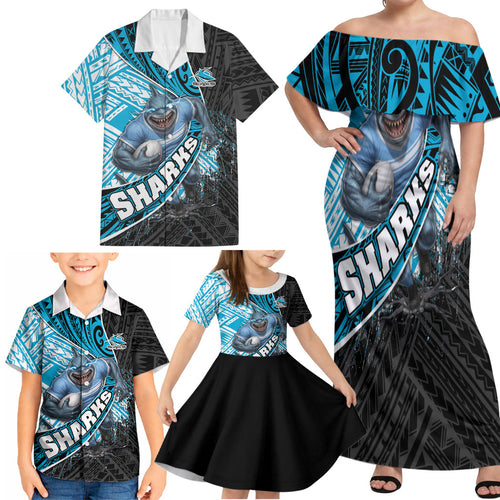 Cronulla Sutherland Sharks Rugby Family Matching Off Shoulder Maxi Dress and Hawaiian Shirt Tribal Polynesian Power Art - Lightning Mascot