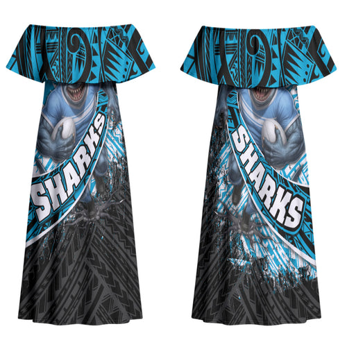 Cronulla Sutherland Sharks Rugby Family Matching Off Shoulder Maxi Dress and Hawaiian Shirt Tribal Polynesian Power Art - Lightning Mascot