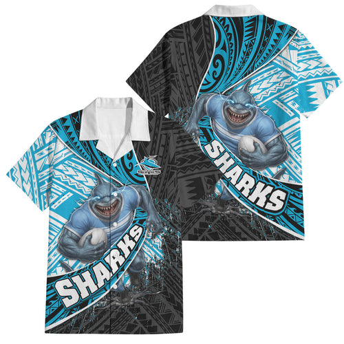 Cronulla Sutherland Sharks Rugby Family Matching Off Shoulder Maxi Dress and Hawaiian Shirt Tribal Polynesian Power Art - Lightning Mascot