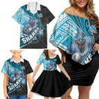 Cronulla Sutherland Sharks Rugby Family Matching Off Shoulder Short Dress and Hawaiian Shirt Tribal Polynesian Power Art - Lightning Mascot