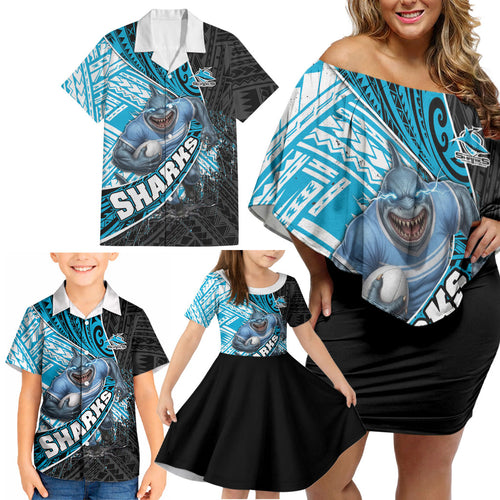 Cronulla Sutherland Sharks Rugby Family Matching Off Shoulder Short Dress and Hawaiian Shirt Tribal Polynesian Power Art - Lightning Mascot