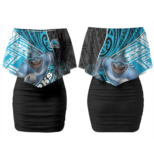 Cronulla Sutherland Sharks Rugby Family Matching Off Shoulder Short Dress and Hawaiian Shirt Tribal Polynesian Power Art - Lightning Mascot