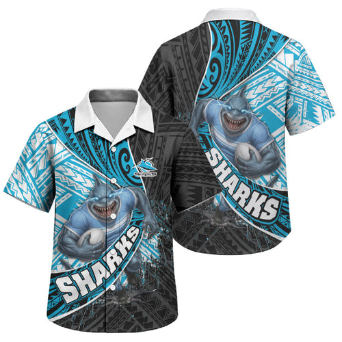 Cronulla Sutherland Sharks Rugby Family Matching Off Shoulder Short Dress and Hawaiian Shirt Tribal Polynesian Power Art - Lightning Mascot