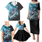 Cronulla Sutherland Sharks Rugby Family Matching Puletasi and Hawaiian Shirt Tribal Polynesian Power Art - Lightning Mascot