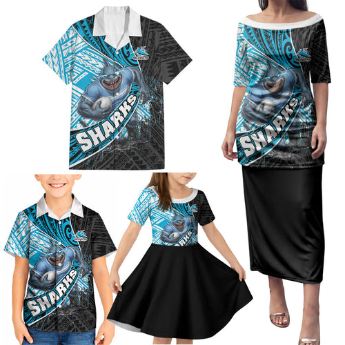 Cronulla Sutherland Sharks Rugby Family Matching Puletasi and Hawaiian Shirt Tribal Polynesian Power Art - Lightning Mascot