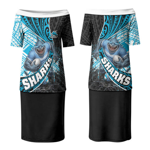 Cronulla Sutherland Sharks Rugby Family Matching Puletasi and Hawaiian Shirt Tribal Polynesian Power Art - Lightning Mascot