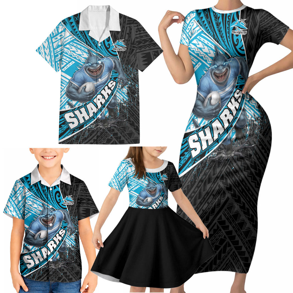 Cronulla Sutherland Sharks Rugby Family Matching Short Sleeve Bodycon Dress and Hawaiian Shirt Tribal Polynesian Power Art - Lightning Mascot