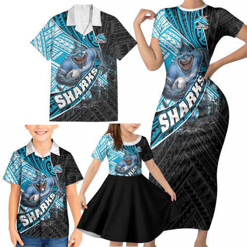 Cronulla Sutherland Sharks Rugby Family Matching Short Sleeve Bodycon Dress and Hawaiian Shirt Tribal Polynesian Power Art - Lightning Mascot