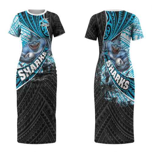 Cronulla Sutherland Sharks Rugby Family Matching Short Sleeve Bodycon Dress and Hawaiian Shirt Tribal Polynesian Power Art - Lightning Mascot
