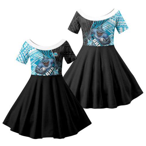 Cronulla Sutherland Sharks Rugby Family Matching Short Sleeve Bodycon Dress and Hawaiian Shirt Tribal Polynesian Power Art - Lightning Mascot