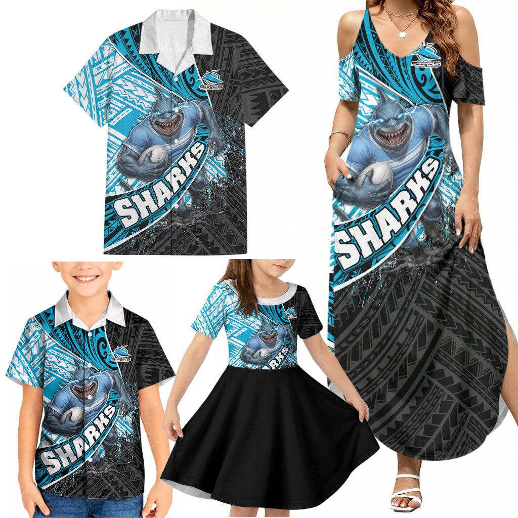Cronulla Sutherland Sharks Rugby Family Matching Summer Maxi Dress and Hawaiian Shirt Tribal Polynesian Power Art - Lightning Mascot