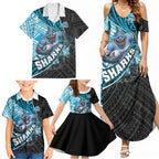 Cronulla Sutherland Sharks Rugby Family Matching Summer Maxi Dress and Hawaiian Shirt Tribal Polynesian Power Art - Lightning Mascot