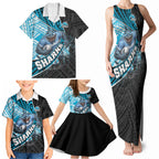 Cronulla Sutherland Sharks Rugby Family Matching Tank Maxi Dress and Hawaiian Shirt Tribal Polynesian Power Art - Lightning Mascot