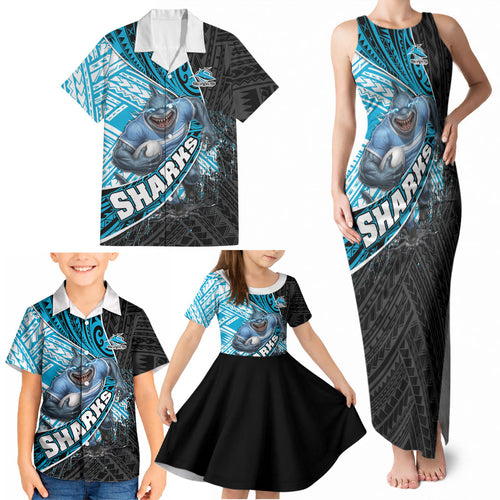 Cronulla Sutherland Sharks Rugby Family Matching Tank Maxi Dress and Hawaiian Shirt Tribal Polynesian Power Art - Lightning Mascot