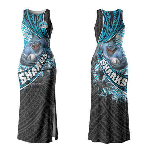 Cronulla Sutherland Sharks Rugby Family Matching Tank Maxi Dress and Hawaiian Shirt Tribal Polynesian Power Art - Lightning Mascot